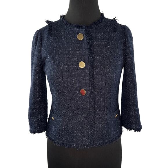 TORU BURCH Emma Navy Metallic Crop Jacket Tweed Fringe Trim Round Neck Size 0 - Picture 1 of 7